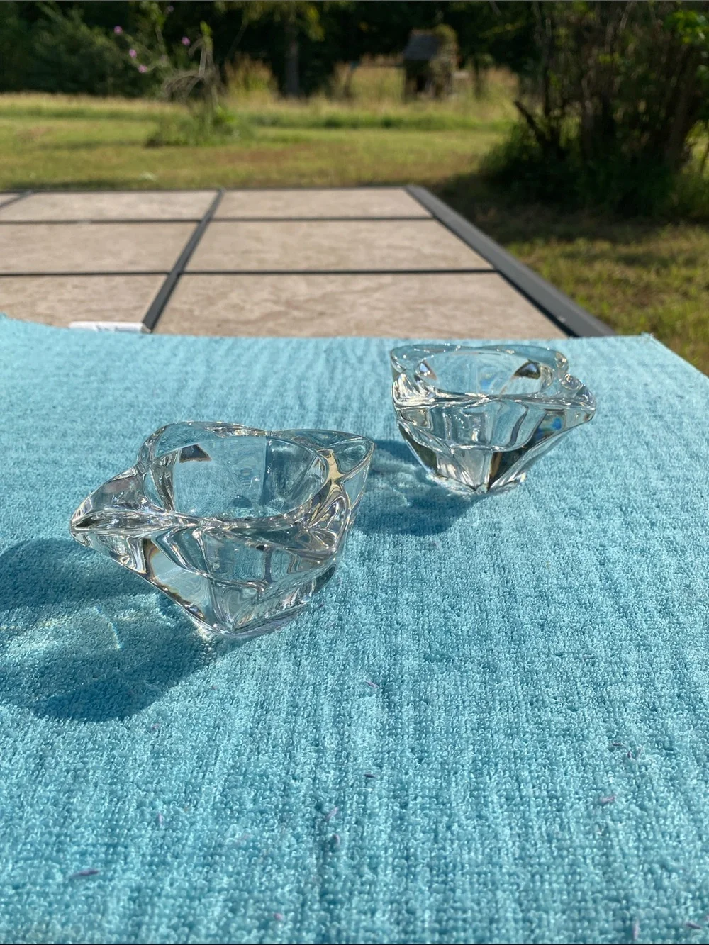 Vintage Heavy Clear Crystal Candle Holders Four-Sided Blooming Petals- Set of 2